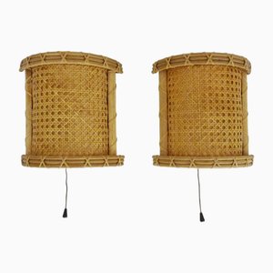 Appliques Murales Vintage en Rotin avec Cordon de Tirage, 1970s, Set de 2