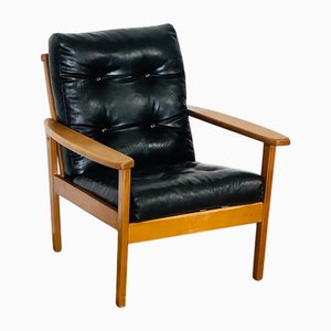 Vintage Scandinavian Lounge Chair in Black Leather and Wood, 1960s
