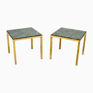 Französische Vintage Messing Beistelltische mit Marmorplatte, 1970er, 2er Set