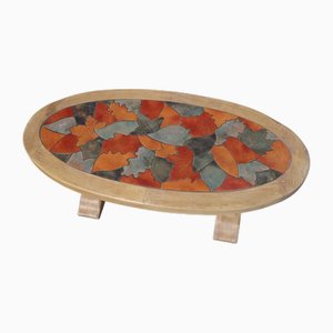 Mesa de centro vintage de roble y cerámica de Barrois para Vallauris, años 50