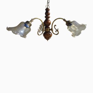 3-Light Chandelier in Wood, Bronze and Glass, 1980s