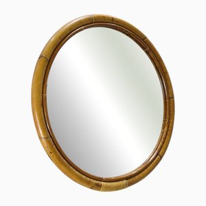 Vintage Rattan & Bamboo Circle Mirror, 1970s