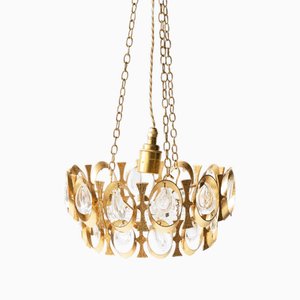 Vintage French Round Pendant in Gilded Metal and Glass