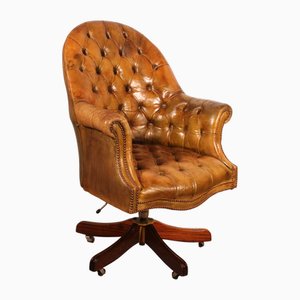 Silla de oficina de caoba y cuero coñac, años 80