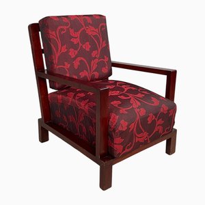 Poltrona Art Déco in legno e tessuto rosso bordeaux con motivi, Italia, anni '30