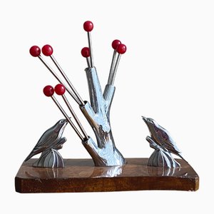 Art Deco Chrome and Wood Bird Appetizer Pick Holder, France, 1930s