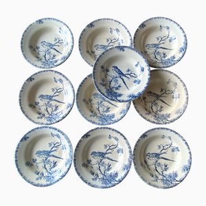 Provenzalische Steingut Suppenteller mit Vogelmuster von Gien, Frankreich, 1890er, 10 . Set