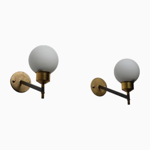 Italian Wall Sconces in Brass, Black Steel and Opaline Glass, 1950s, Set of 2