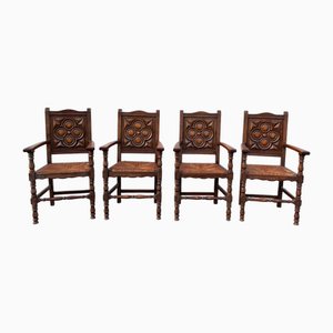 Neo-Renaissance Henri II Style Armchairs in Sculpted Oak with Woven Rush Seats, Late 19th Century, Set of 4