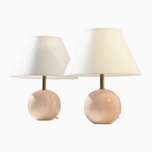 Lámparas de mesa Art Déco modernistas de estilo neoclásico de mármol rosa, Francia, años 60. Juego de 2