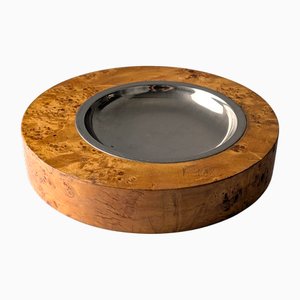 Cenicero italiano de chapa de raíz y acero al estilo de Tomasso Barbi, años 70