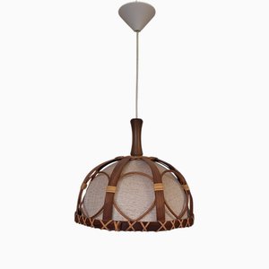 Lampada da soffitto vintage in teak e rafia con paralume in lana beige, anni '70