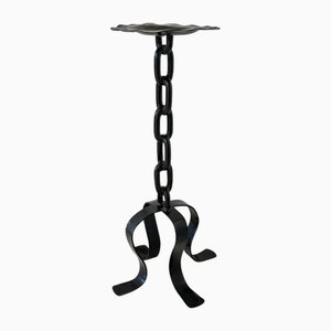 Vintage Handmade Black Wrought Iron Chain Plant Stand or Candle Holder, 1960