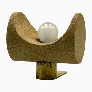 Italian Brutalist Table Light in Reconstituted Stone and Brass, 1970s