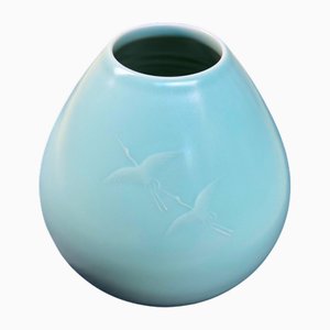 Japanese Kiyomizu Celadon Vase with Cranes, 1970s