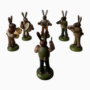 Folk Art German Wooden Rabbit Figures Playing Music, Set of 6