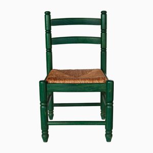 Vintage Kinderstuhl aus Grünem Holz mit Sitz aus gewebtem Stroh, 1990er