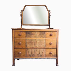 Vintage Waschtisch Kommode aus Nussholz mit Spiegel & Schwalbenschwanz Schubladen, 1950er