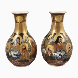 Japanese Satsuma Vases with Raised Gilt and Arhat Motifs, 1890-1910, Set of 2