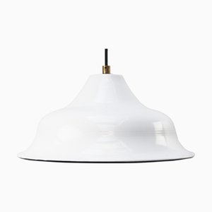 Lampada a sospensione vintage industriale smaltata bianca