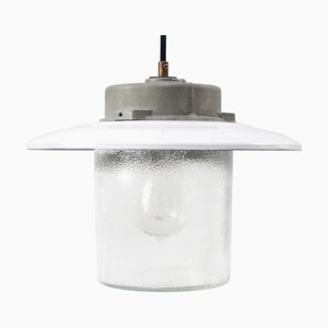 Vintage White Enamel and Frosted Glass Pendant Lamp