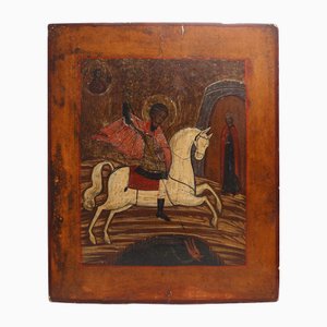 Religious Icon of Saint George and the Dragon, 1800s, Painting on Wood