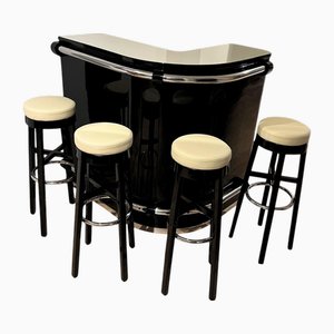 Bar ad angolo Art Déco laccato nero e crema con quattro sgabelli, Francia, 1930, set di 5