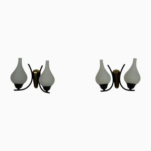 Appliques Murales Mid-Century en Laiton et Opaline, Italie, 1960s, Set de 2