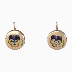 French 18 Karat Yellow Gold Lever Back Enameled Pansy Earrings, 20th Century, Set of 2