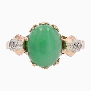 French 18 Karat Rose Gold Ring with Jade and Diamonds, 1920s