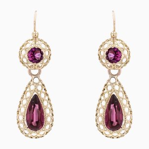 18 Karat Yellow Gold Dangle Lever Back Earrings with Garnets, 20th Century, Set of 2