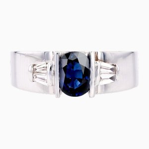 Modern 18 Karat White and Gold Bangle Ring with Sapphire and Trapeze Diamonds