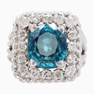 French Rectangular Platinum Ring with Blue Zircon and Diamonds 1960s