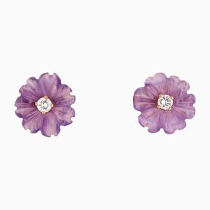 18 Karat Yellow Gold Flower Stud Earrings with Amethysts and Diamonds, 1970s, Set of 2