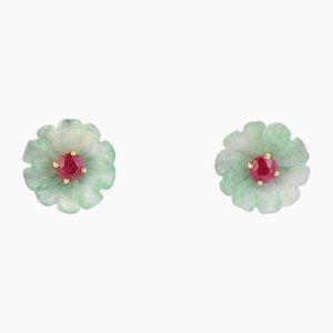 18 Karat Gelbgold Blumen Ohrstecker mit Jade und Rubinen, 1970er, 2 . Set