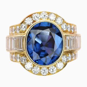 Großer 18 Karat Gelbgold Ring mit kambodschanischen Saphiren und Diamanten, 1980er