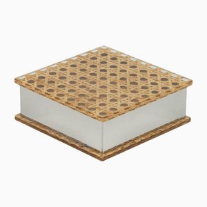 Caja Mid-Century moderna de ratán y cromo de Christian Dior, años 70