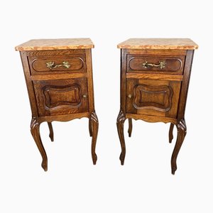 French Bedside Tables in Oak with Marble Tops, Set of 2