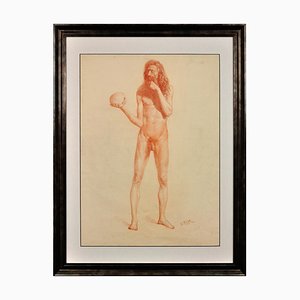 Alb. Muller, Étude de la vie académique d'un nu masculin portant un crâne, dessin à la craie rouge, milieu du XIXe siècle, encadré