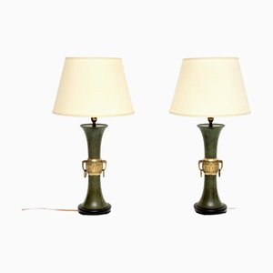 Lampade da tavolo antiche neoclassiche in ottone e legno, anni '60, set di 2