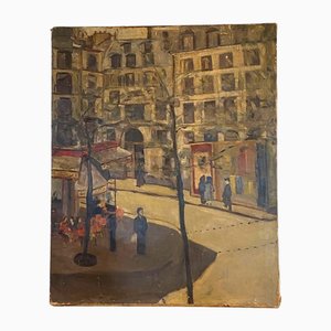 Veduta animata di una strada parigina, Olio su tela, XX secolo