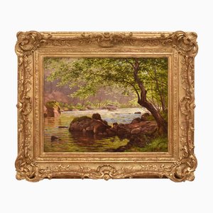 René Charles Edmond His, Paesaggio con fiume, Primi anni del 1900, Olio su tela, Con cornice