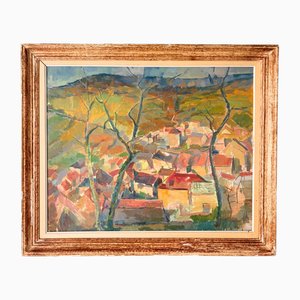 French Artist, Cubist Landscape in Oil, 1950s, Oil on Canvas, Framed