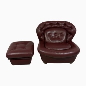 Set of Space Age French Lounge Chair and Ottoman in Burgundy Leather, 1970s
