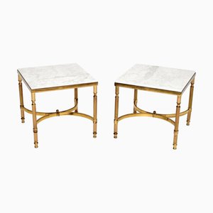 Französische Vintage Messing & Marmor Beistelltische, 1960er, 2er Set