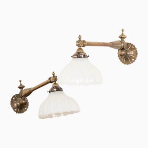 Antique Moonstone Wall Lamps in Brass, 1890s, Set of 2