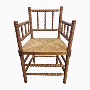 Silla Bobbin Arts and Craft Mid-Century de roble con asiento Rush, años 30