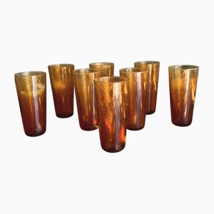 Vasos vintage grandes de vidrio burbuja de ámbar, Francia, años 70. Juego de 8
