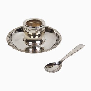 Art Deco Silver-Plated Metal Egg Cup with Spoon and Box from Christofle, 1930s, Set of 4