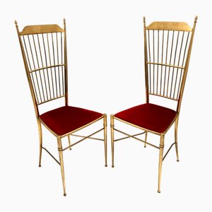 Sedie Chiavarine vintage in ottone e velluto rosso, Italia, anni '50, set di 2